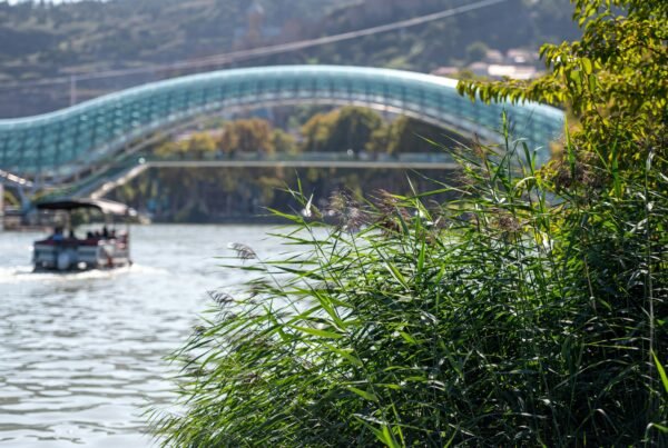 Defocused background with the Peace Bridge in Tbilisi over the Kura River.