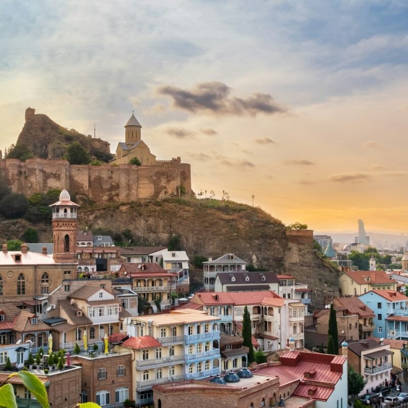 Old Tbilisi, Georgia with Narikala Fortress, Jumah Mosque and sulfur baths district at sunset